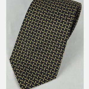 Lauren Ralph Lauren Blue Gold Geometric Linen Silk Neck Tie Textured Made In USA